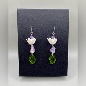 🪷💜Amethyst Lava Rock Floral Leaf Earrings